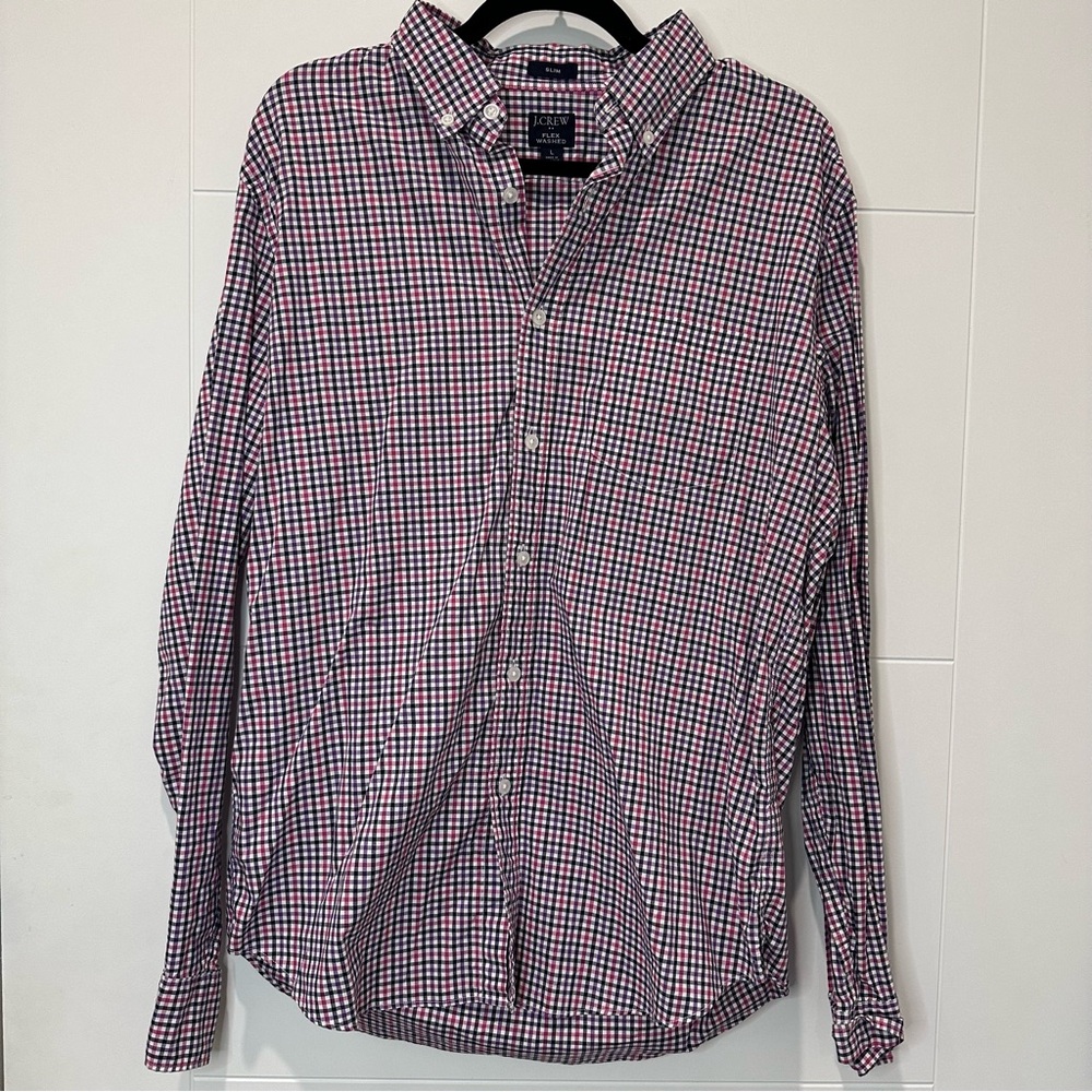 J Crew Men's Checkered Shirt - Red, navy blue and purple size L